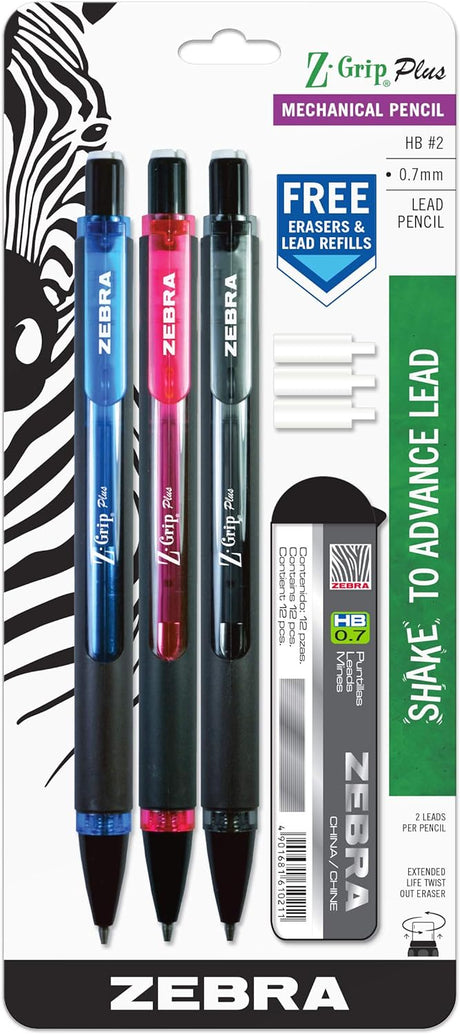 Zebra Pen Z-Grip Plus 0.7mm Mechanical Pencil with Lead and Erasers, 3 pack-045888556034-LR-356168-1-LR eShop