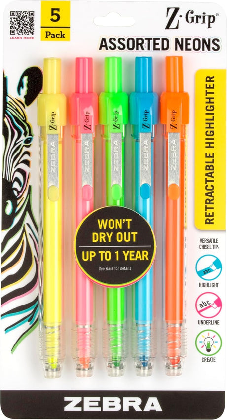 Zebra Z-Grip Retractable Highlighter Marker Set - Assorted Neons, 5 pack-045888712058-LR-358286-1-LR eShop